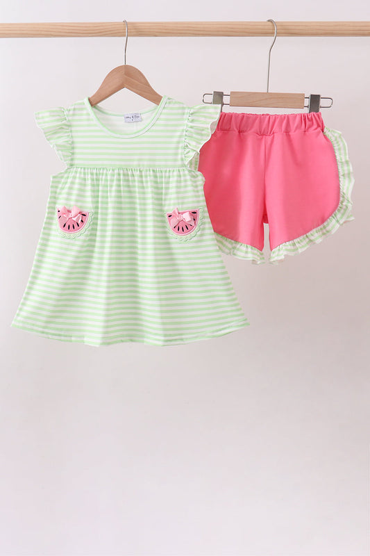 Green Watermelon Applique Ruffle Shorts Set Honeydew