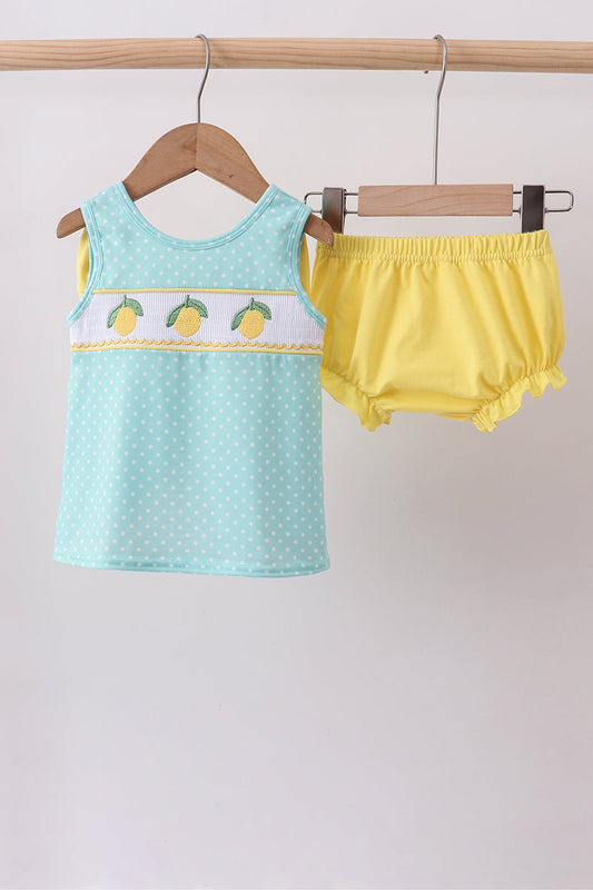Summer Lemon Smocked Bow Bloomer Set Honeydew