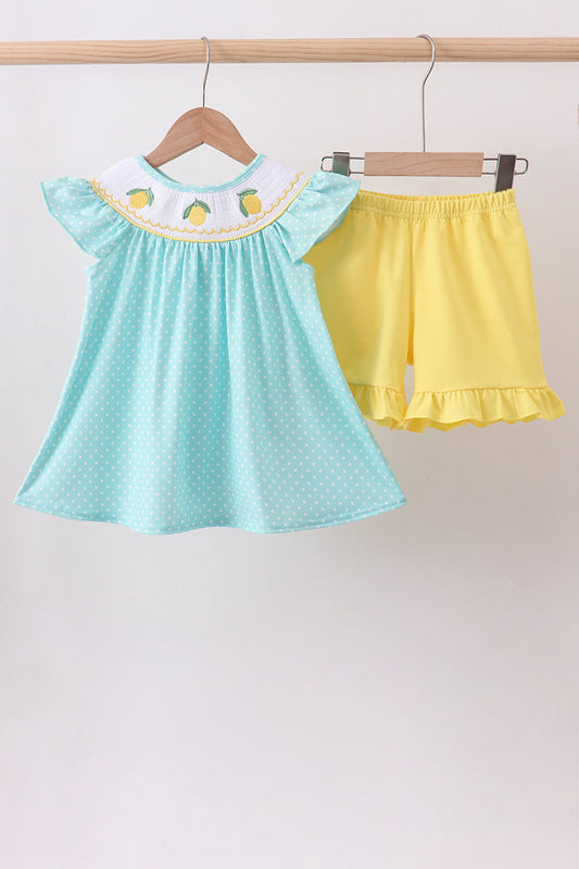Summer Lemon Smocked Ruffle Shorts Set Honeydew