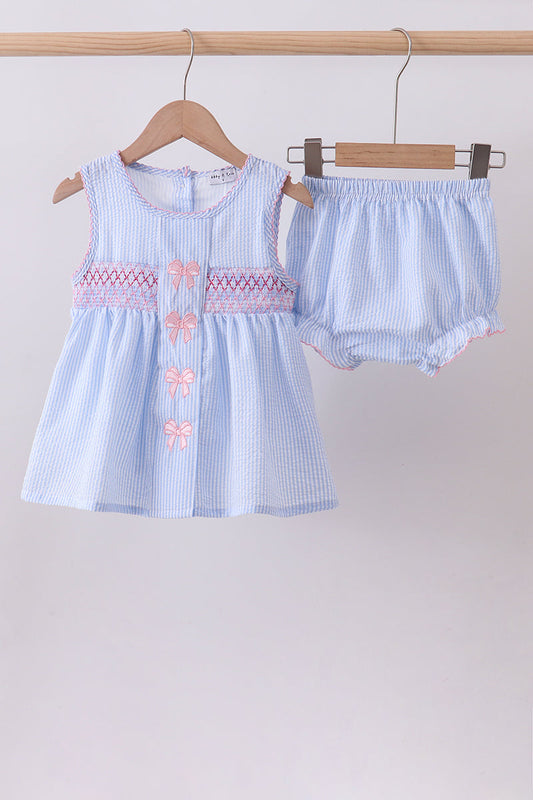 Blue Seersucker Bow Smocked Bloomer Set Honeydew