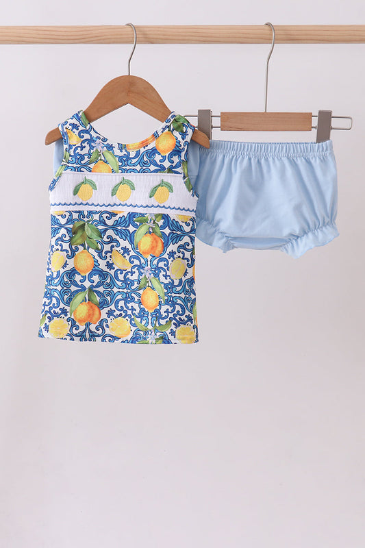 Lemon Smocked Ruffle Bloomer Set Bow Back Honeydew