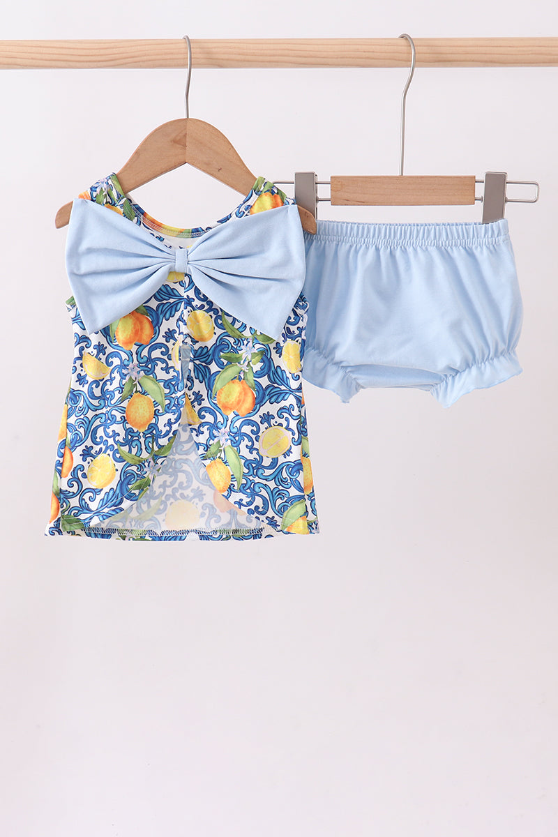 Lemon Smocked Ruffle Bloomer Set Bow Back Honeydew