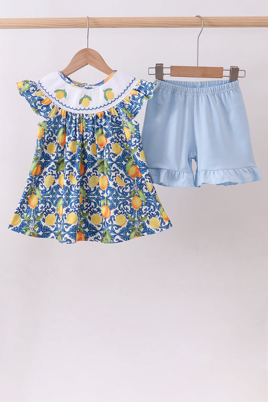 Lemon Smocked Ruffle Shorts Set Honeydew