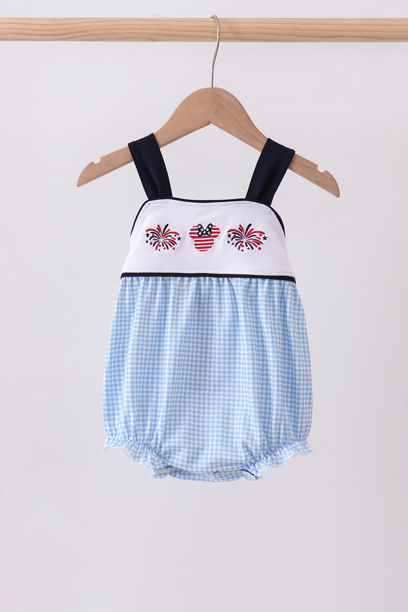 Blue Character Embroidery Gingham Bubble Honeydew