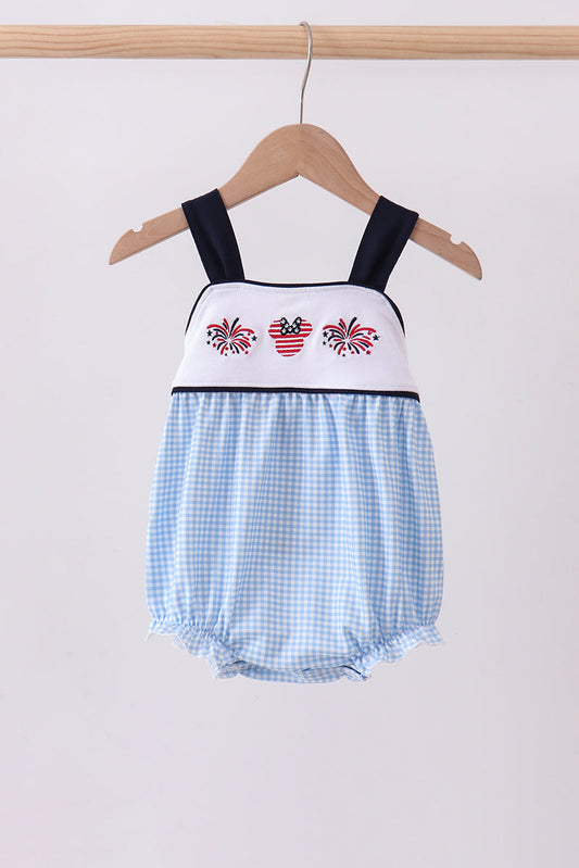 Blue Character Embroidery Gingham Bubble Honeydew