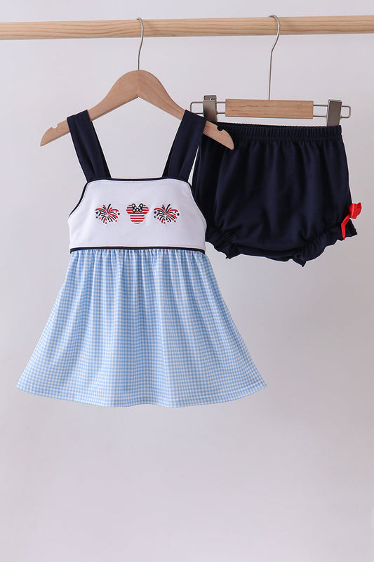 Blue Character Embroidery Gingham Bloomer Set Honeydew