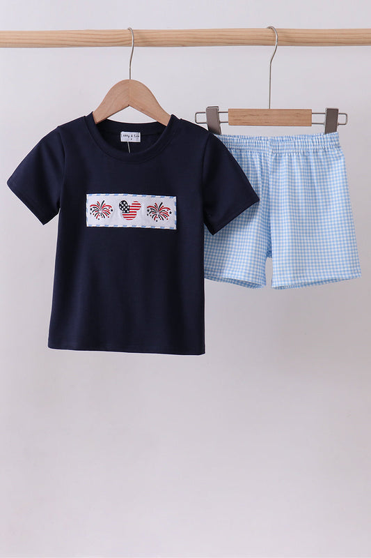 Blue Character Fireworks Embroidery Shorts Set Honeydew