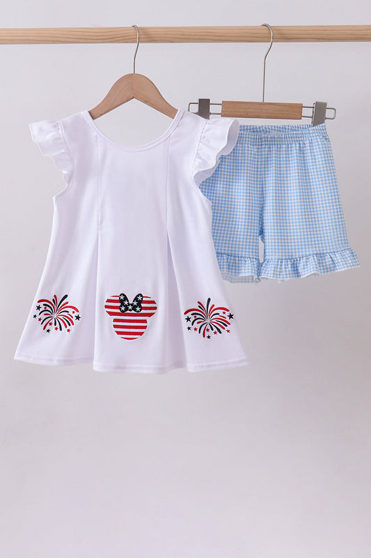 Blue Character Fireworks Embroidery Gingham Ruffle Shorts Set Honeydew