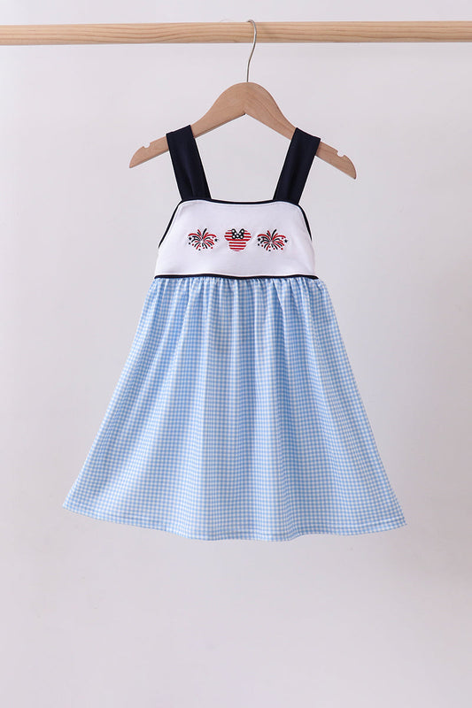 Blue Character Fireworks Embroidery Gingham Dress Honeydew