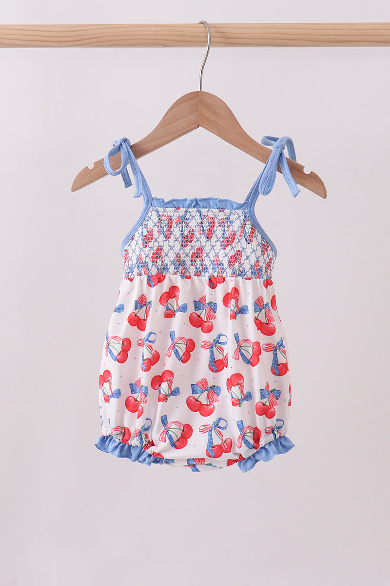 Blue Cherry Smocked Ruffle Bubble Honeydew