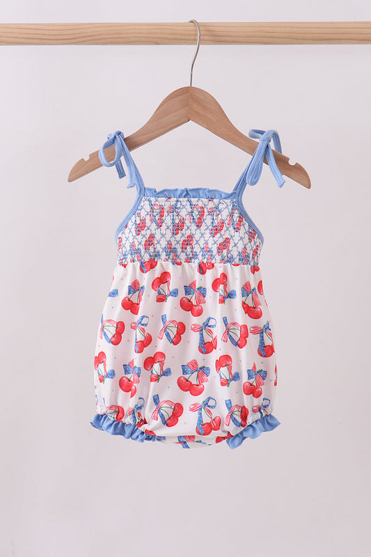 Blue Cherry Smocked Ruffle Bubble Honeydew