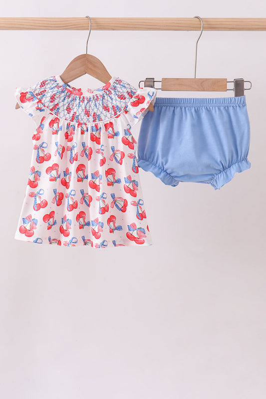 Blue Cherry Smocked Bloomer Set Honeydew