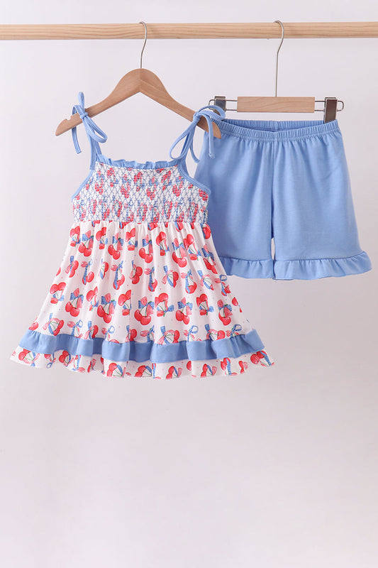 Blue Cherry Smocked Ruffle Shorts Set Honeydew