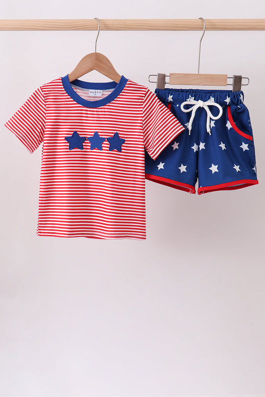 Red Stripe Star Applique Shorts Set Honeydew