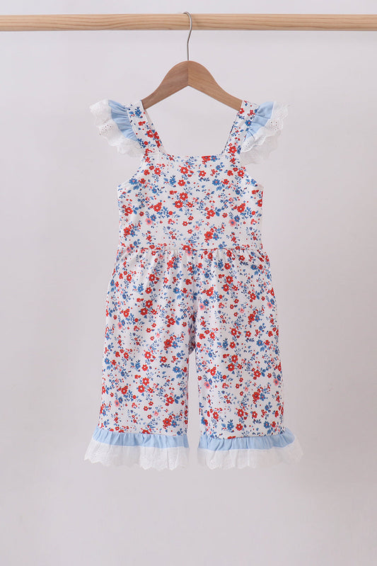 Blue Floral Lace Smocked Ruffle Jumpsuit Honeydew