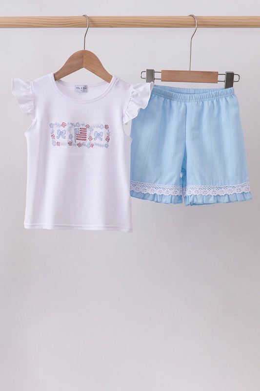 Blue Flag Smocked Jacquard Ruffle Shorts Set Honeydew