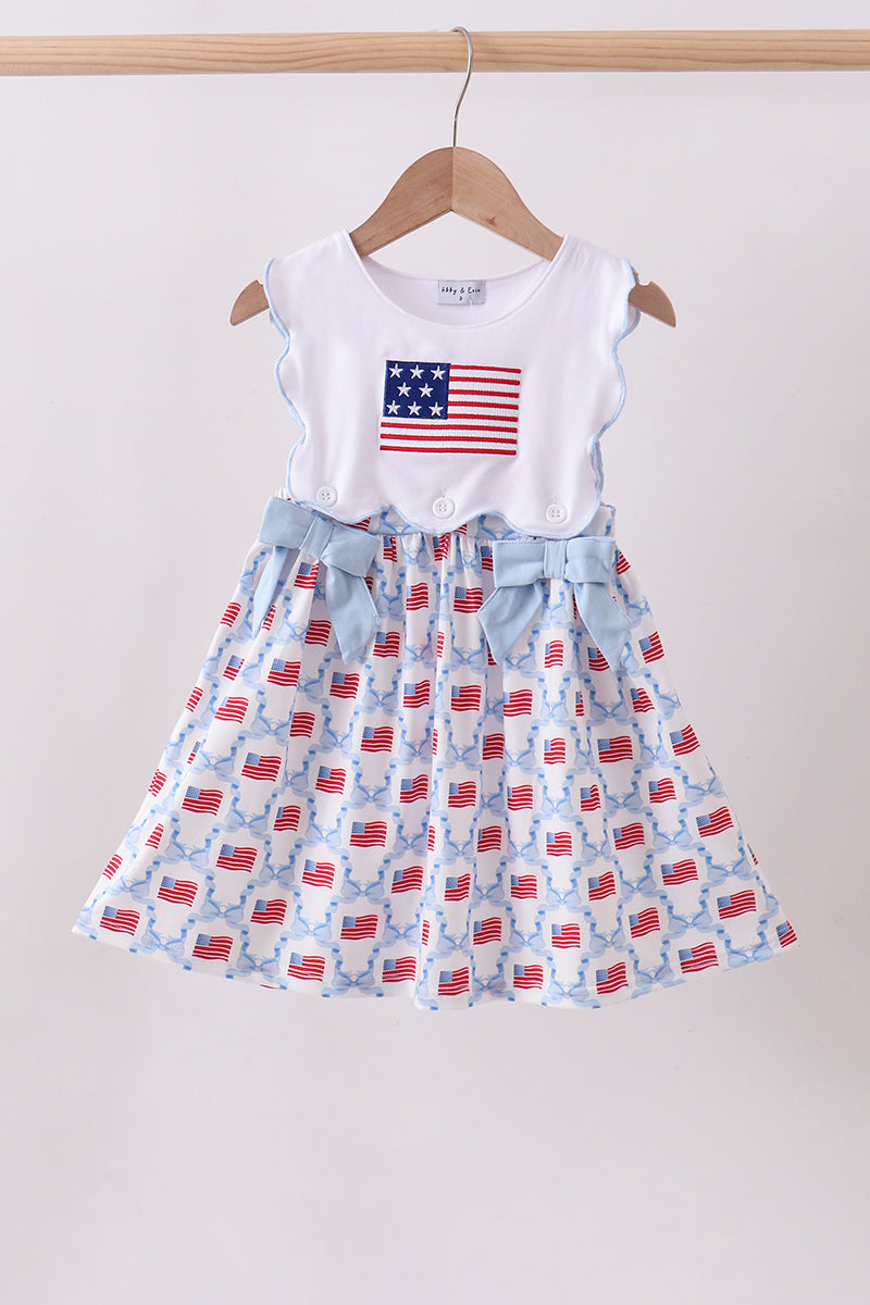 Blue Flag Embroidery Bow Dress Honeydew