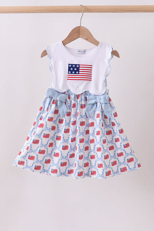 Blue Flag Embroidery Bow Dress Honeydew