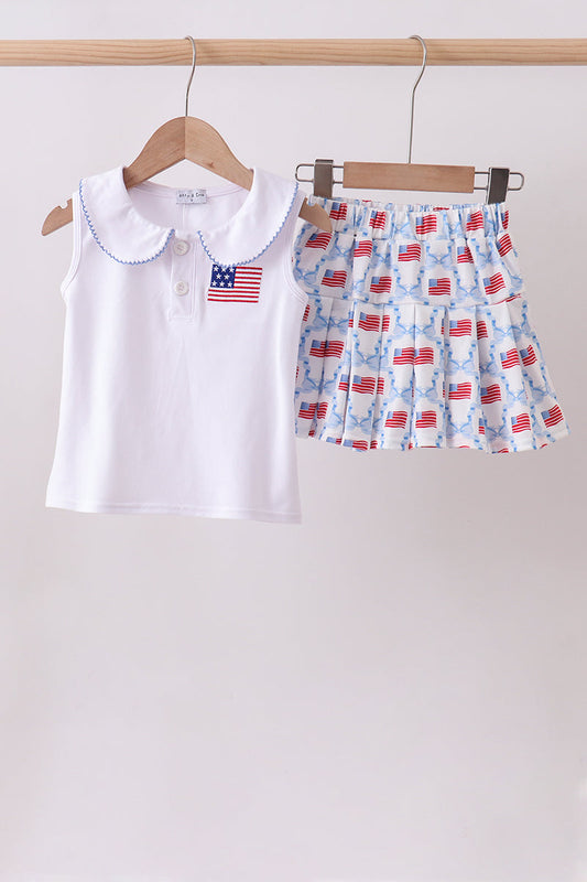 Blue Flag Embroidery Skort Set Honeydew