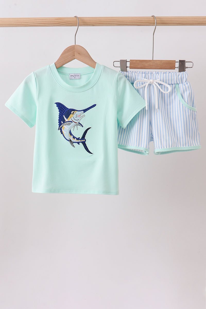 Mint Swordfish Applique Knit Boy Shorts Set Honeydew