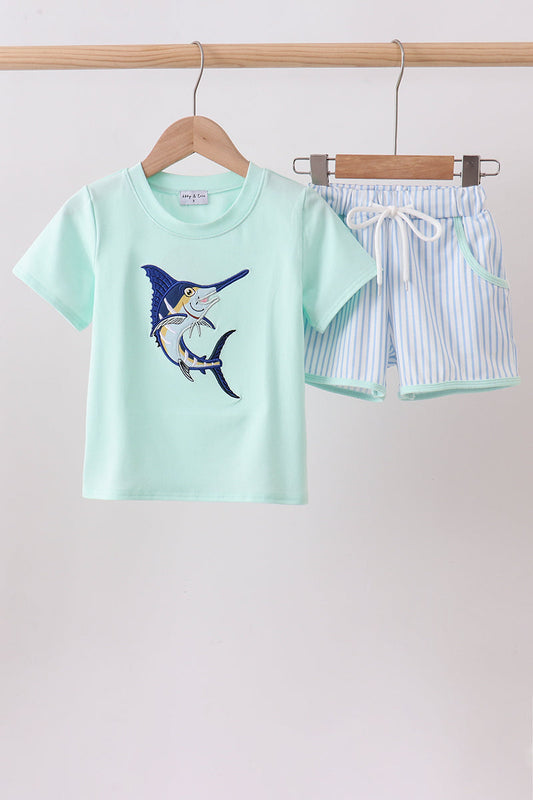 Mint Swordfish Applique Knit Boy Shorts Set Honeydew