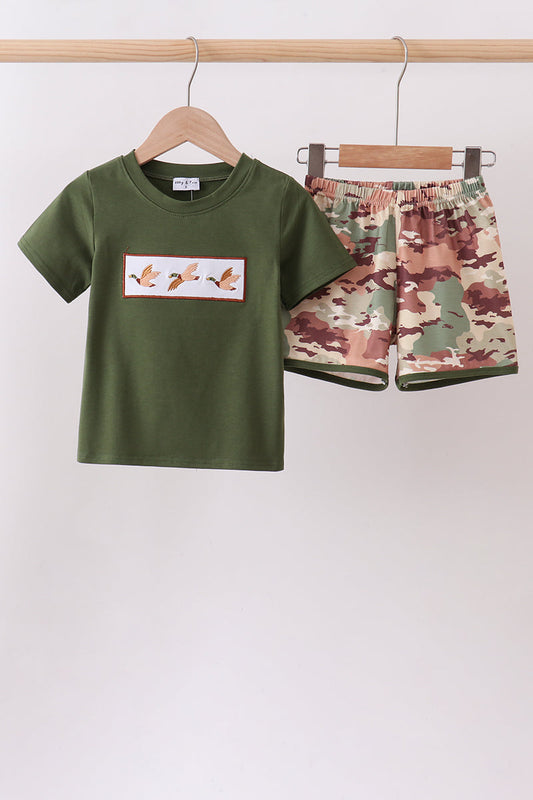 Dark Green Duck Camo Embroidery Knit Boy Short Set Honeydew