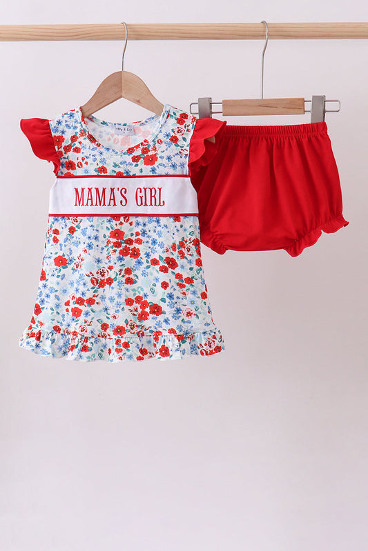 Red Floral Mama's Girl Embroidery Ruffle Bloomer Set Honeydew