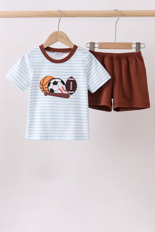 Blue Sports Ball Stripe Applique Knit Boy Shorts Set Honeydew