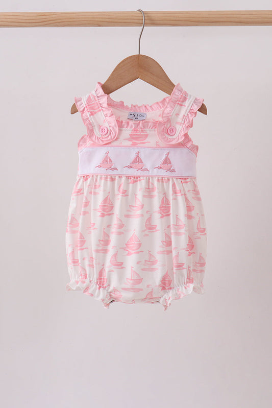 Pink Sailboat Embroidered Knit Girl Bubble Honeydew