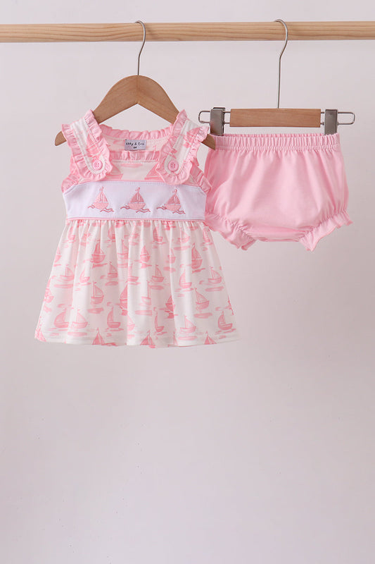 Pink Sailboat Embroidered Knit Bloomer Set Honeydew
