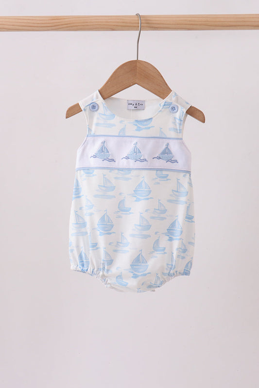 Blue Sailboat Embroidered Knit Boy Bubble Honeydew