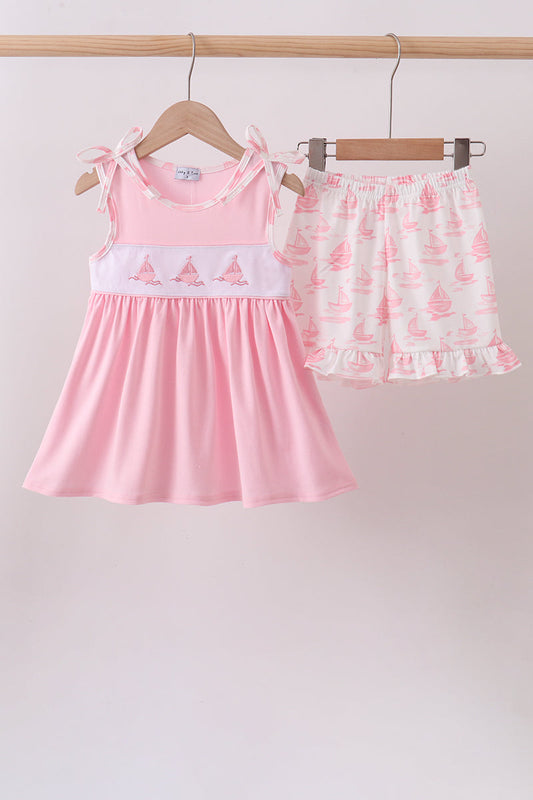 Pink Sailboat Embroidered Knit Girl Shorts Set Honeydew