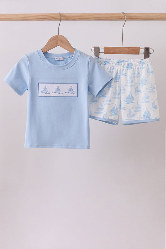 Blue Sailboat Embroidered Knit Boys Short Set Honeydew