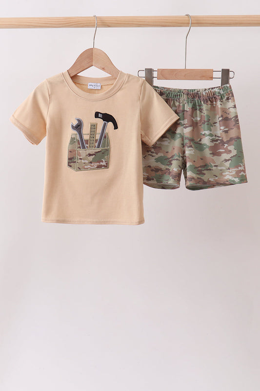 Khaki Toolbox Applique Boy Short Set Honeydew
