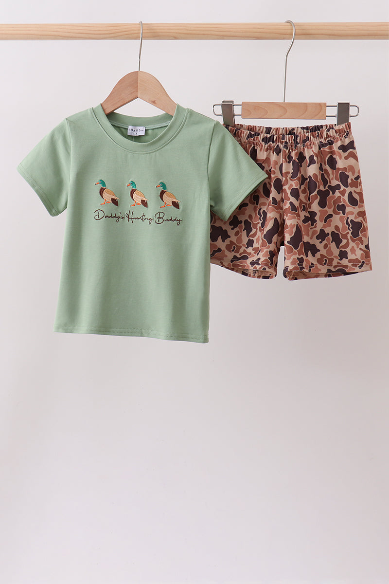 Green Daddy's Hunting Buddy Camo Duck Embroidered Boy Short Set Honeydew