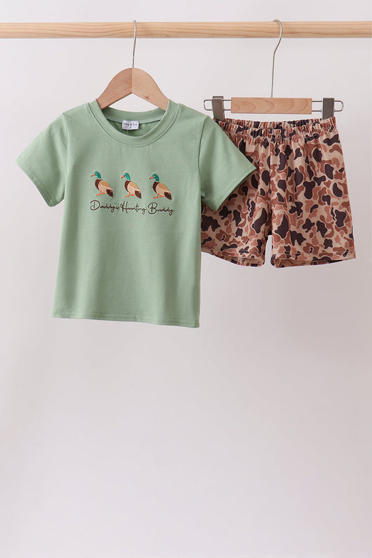 Green Daddy's Hunting Buddy Camo Duck Embroidered Boy Short Set Honeydew