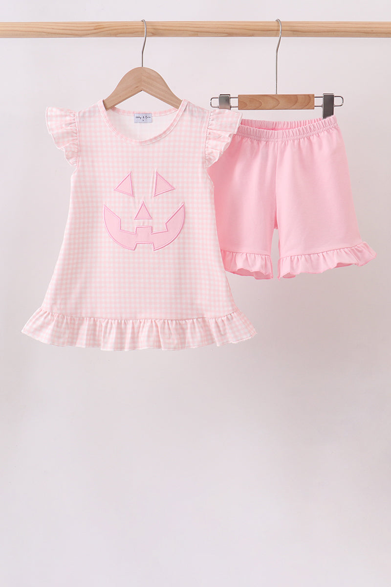 Pink Gingham Applique Jack-O-Lantern Short Set Honeydew