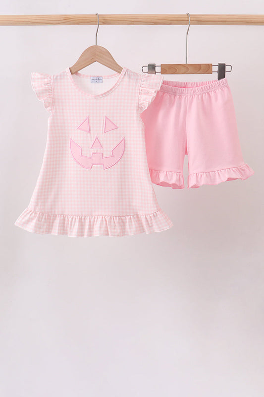 Pink Gingham Applique Jack-O-Lantern Short Set Honeydew
