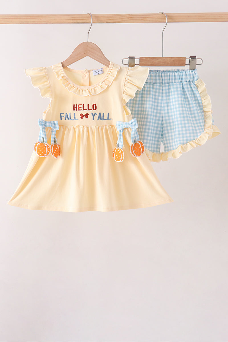 Yellow Hello Fall Y'all Girl Shorts Set Honeydew
