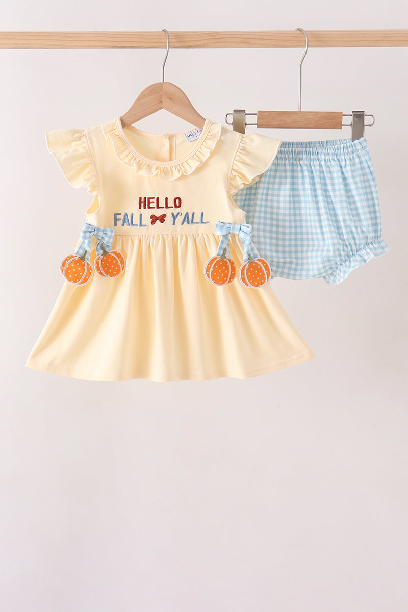 Yellow Hello Fall Y'all Girl Bloomer Set Honeydew