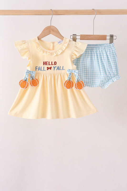 Yellow Hello Fall Y'all Girl Bloomer Set Honeydew