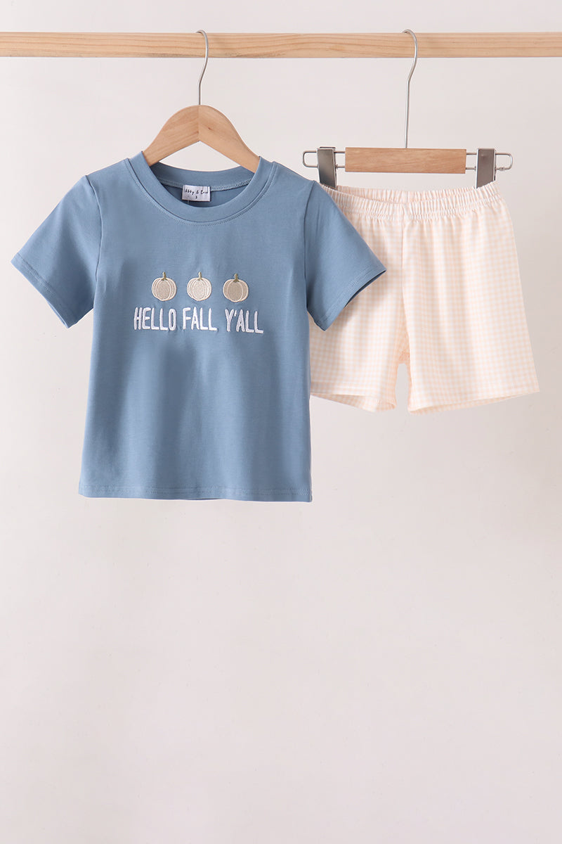 Blue Hello Fall Y'all Shorts Set Honeydew