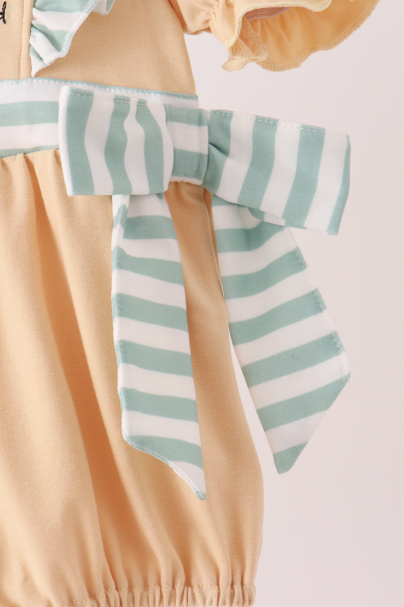 God is great God is good tan and striped embroidery ruffle bubble Honeydew