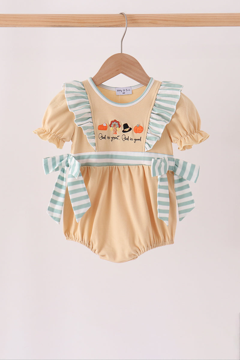 God is great God is good tan and striped embroidery ruffle bubble Honeydew