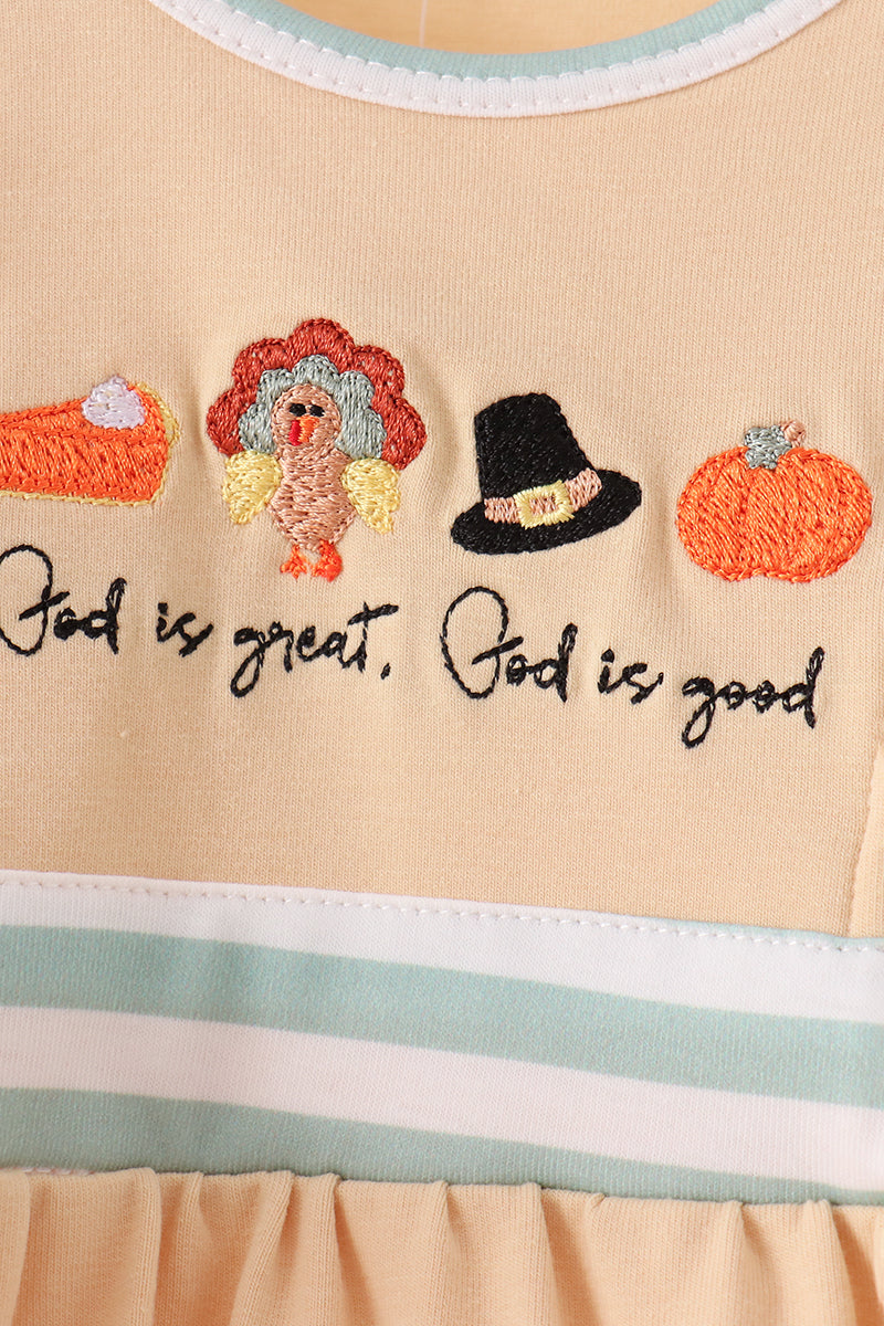 God is great God is good tan and striped embroidery ruffle bubble Honeydew