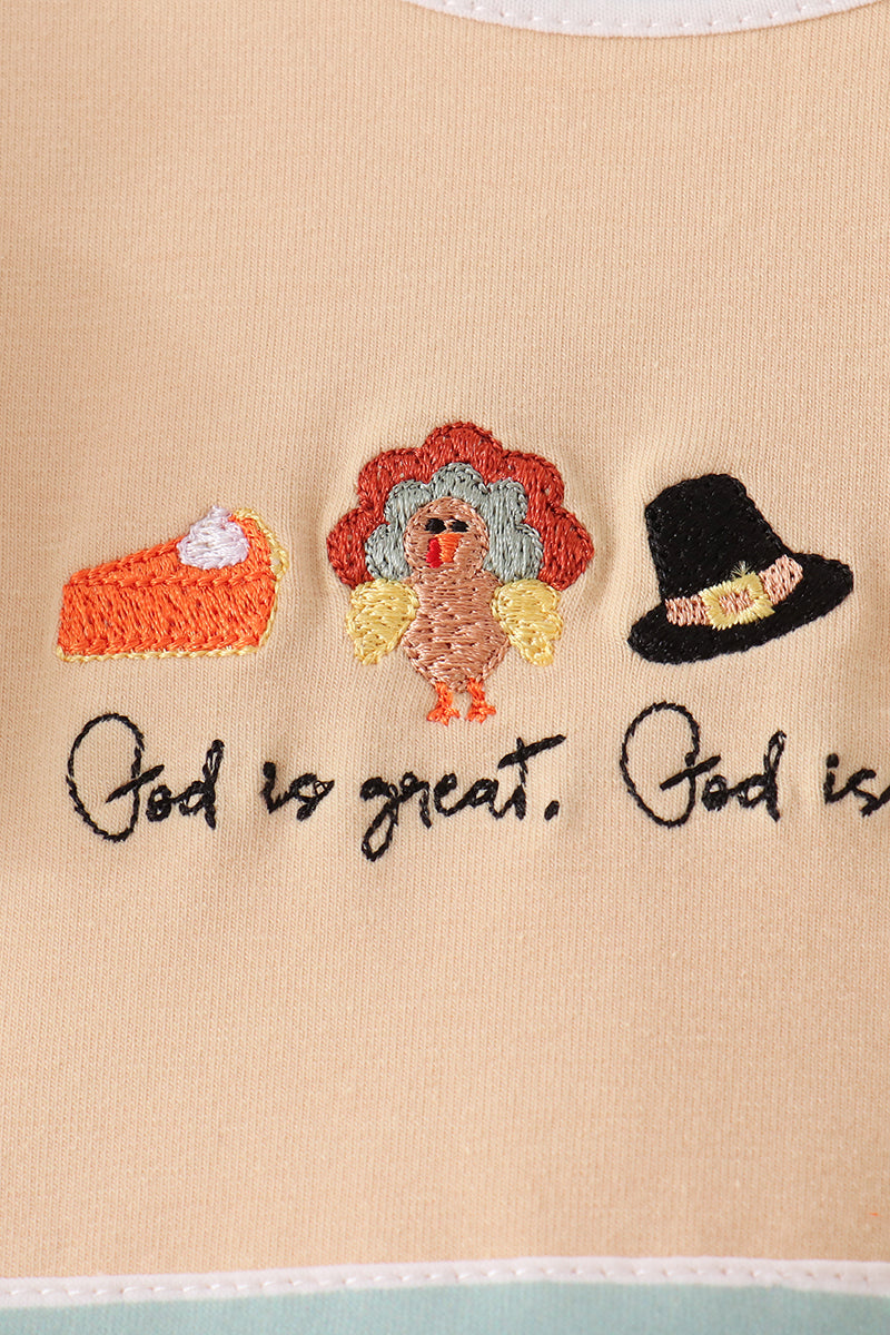 God is great God is good tan and striped embroidery ruffle bloomer set Honeydew