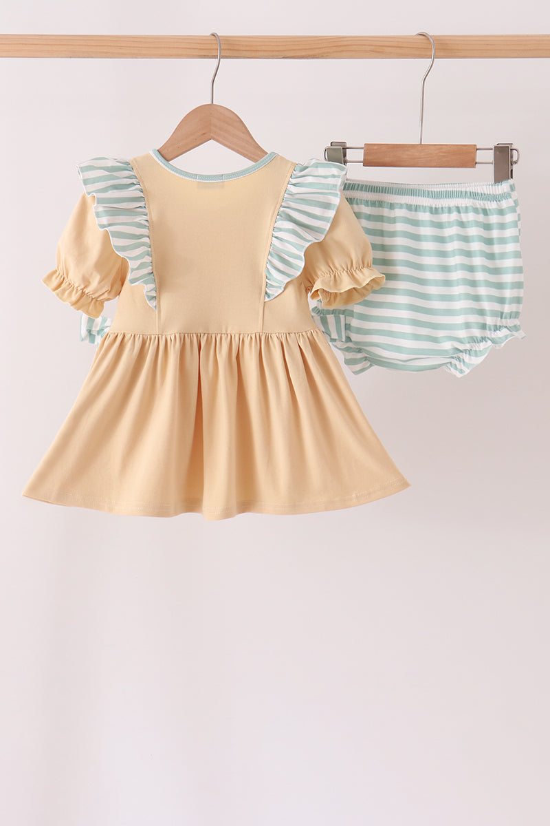 God is great God is good tan and striped embroidery ruffle bloomer set Honeydew