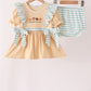 God is great God is good tan and striped embroidery ruffle bloomer set Honeydew