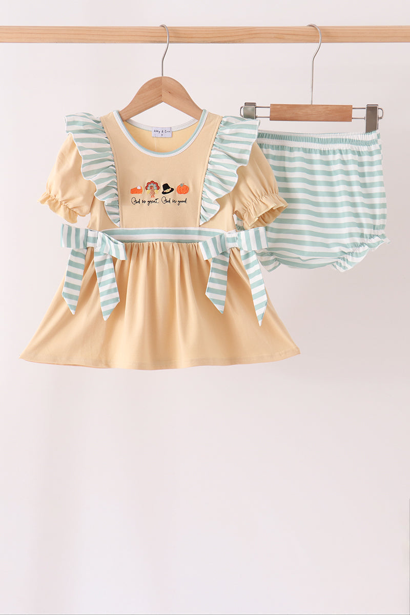 God is great God is good tan and striped embroidery ruffle bloomer set Honeydew
