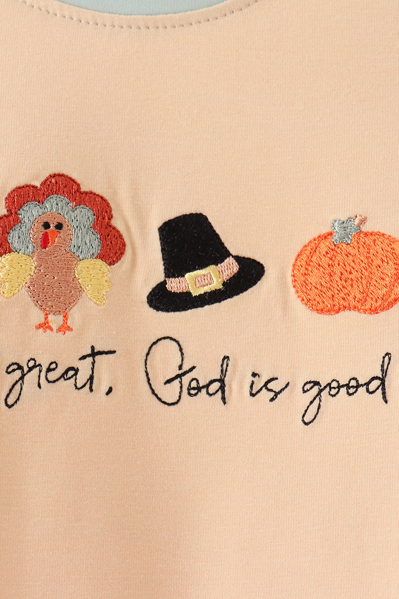 God is Good Tan and Striped Embroidery Boy Romper Honeydew